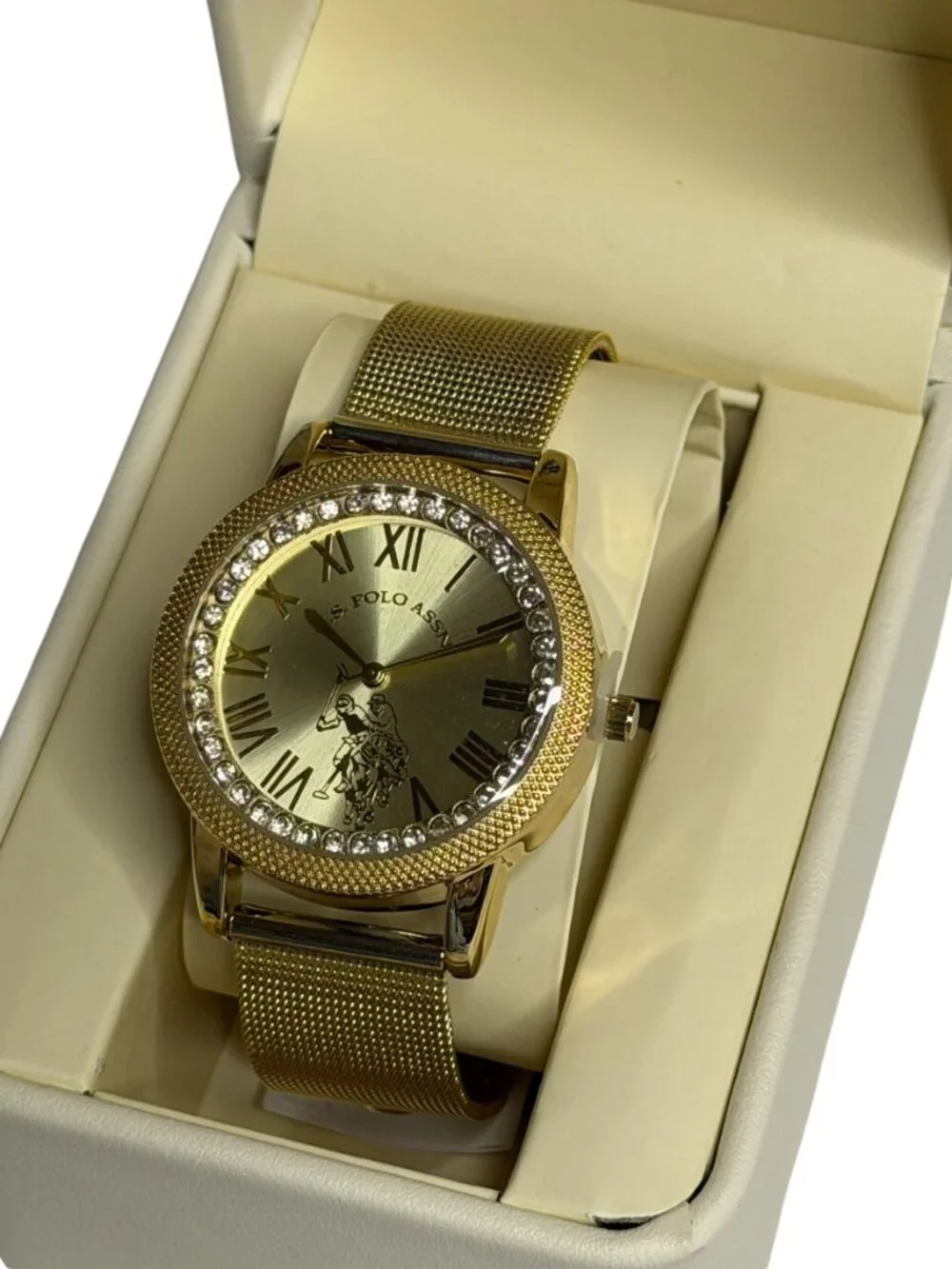 US Polo Assn Watch Metal Wristband Faux Bling Gold NIB